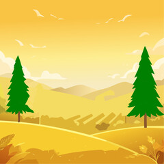 Green trees in a golden natural landscape