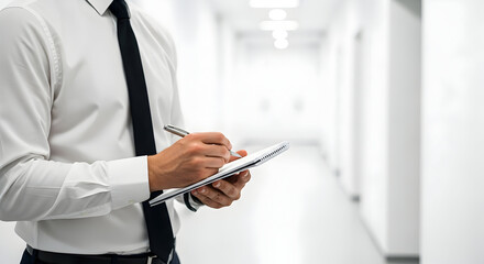 Business Professional Taking Notes in a Modern Office Corridor &ndash; Focused Engagement in a Corporate Environment