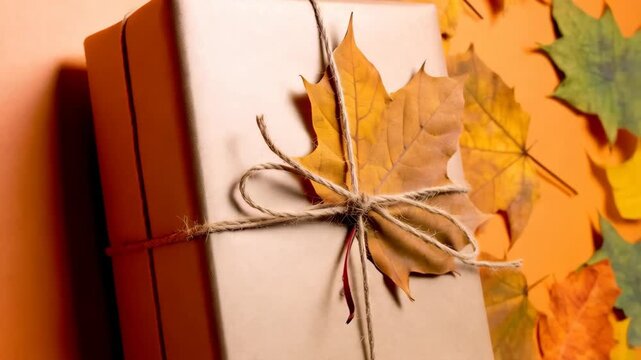Gift box wrapped in craft paper with autumn maple leaf and string on orange background