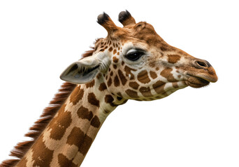 Close-up adult giraffe, detailed side profile, long neck and ossicones, transparent background PNG