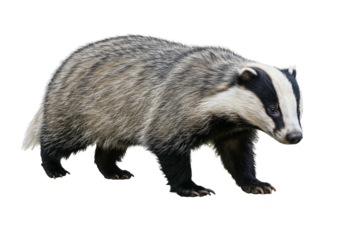 European badger walking with gray and black fur on transparent background PNG