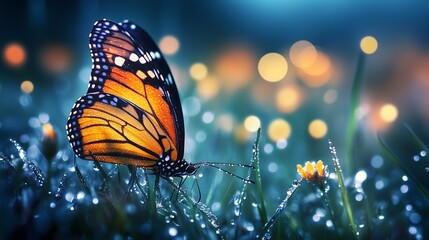 Close up view of a vibrant Monarch butterfly resting on dewy green grass with illuminated bokeh lights