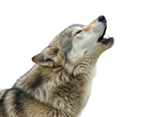 Gray wolf howling, side profile portrait, majestic wild canine, nature, transparent background PNG