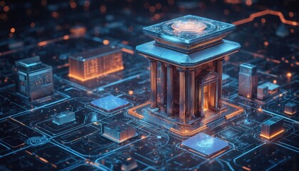 Futuristic digital banking hub with metallic building, vibrant blue, orange, white lights. Complex network of blue wires, tubes surrounds building in dynamic environment. Modern tech, innovation.