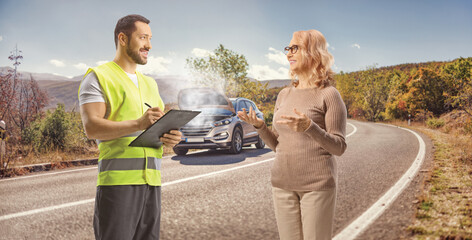 Road assistance helping a woman with car problem