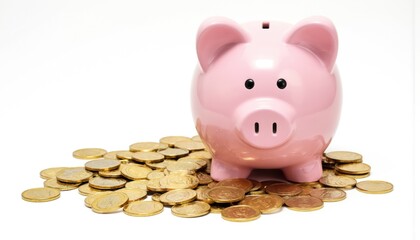Pink piggy bank with green top and gold coin inside sits on bed of golden coins. Piggy bank surrounded by coins, visually pleasing composition with harmonious balance.