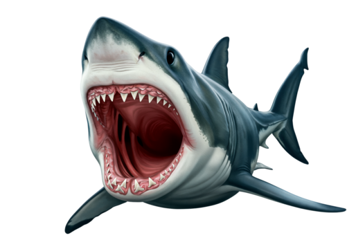 Great white shark with jaws wide open, sharp teeth showing, marine predator, transparent background PNG