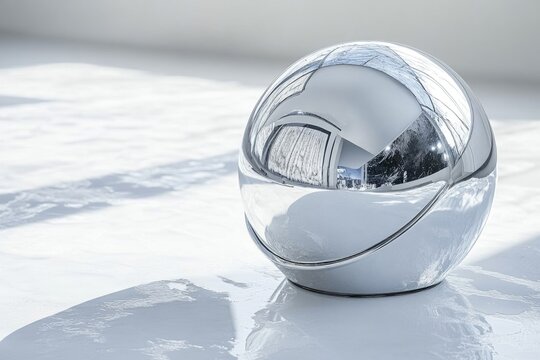 A reflective, polished silver sphere sits on a white surface, mirroring a room interior with light and shadow details.