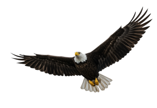 Majestic bald eagle in flight with spread wings on transparent background PNG