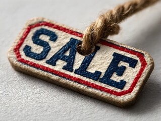 An isolated sale tag with blue text and red outline hangs from a rope on a light textured surface.