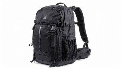 Naklejka premium Durable black backpack designed for outdoor activities, featuring multiple compartments, adjustable straps, and breathable mesh padding for comfort. Ideal for travel and daily use