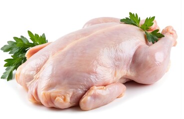Raw chicken breast isolated on white plate. Fresh, uncooked, meat with light pink hue. Green herbs on top add freshness. Close-up view of chicken breast resting on plate.