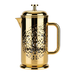 A luxurious golden french press coffee maker featuring an ornate filigree metal casing, perfect for brewing rich coffee or tea.
