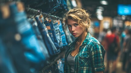 Fototapeta premium A beautiful young woman in a plaid shirt gazes thoughtfully while browsing denim jeans in a clothing store.