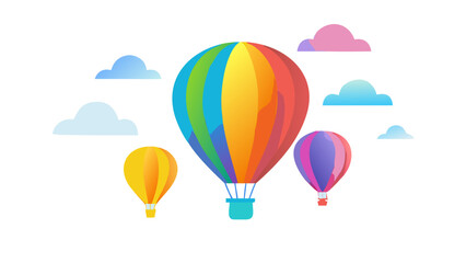Colorful hot air balloons floating peacefully among stylized clouds against a black background