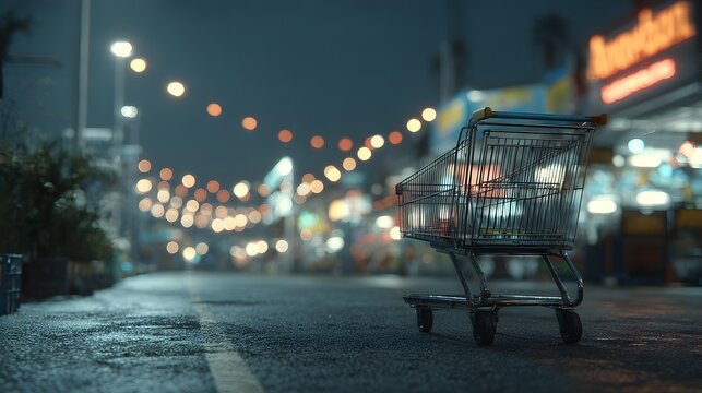 An empty shopping cart sits abandoned on a wet street at night near illuminated st lights bokeh blur.