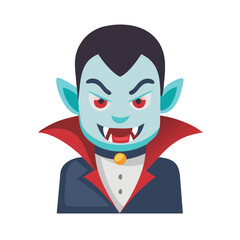 Cartoon vampire with fangs and red eyes wearing a cape and suit