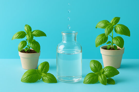A botanical wellness concept featuring a glass bottle of herbal elixir with falling water droplets, surrounded by fresh green basil plants against a blue background