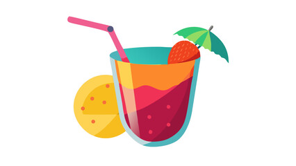 Refreshing layered tropical cocktail with strawberry and lemon slice