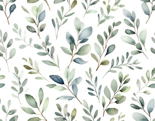 Fototapeta premium A seamless watercolor pattern of delicate green leaves and branches on a white background
