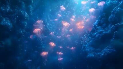 Obraz premium Numerous bioluminescent jellyfish illuminate a dark deep sea environment among intricate blue coral structures