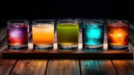 Colorful illuminated drinks arranged on a wooden table