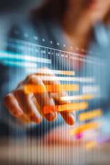 Business concept of project management and timeline scheduling with AI tech. A professional analyzing Gantt charts and tracking workflow progress with advanced planning and deadline execution tools.