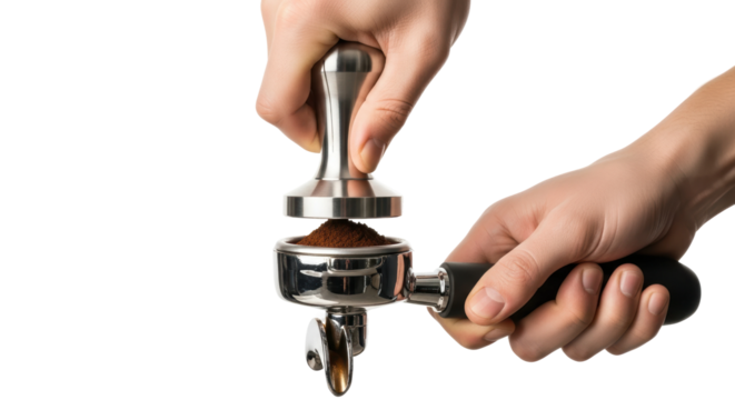 Close up of hands tamping freshly ground coffee in a portafilter, essential for brewing rich espresso.