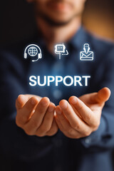 Obraz premium Customer service and support solution, Businessman offering digital support with global communication icons. Contact us page, online helpdesk, 24/7 service, Ai chatbot, email, Ai assistance.