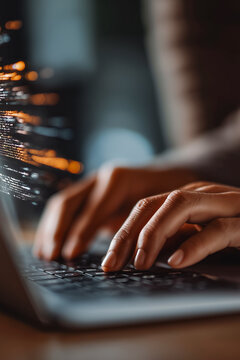 Close-up of hands typing on laptop with virtual AI assistant, chatbot, and code interface, representing artificial intelligence, automation, and smart digital support system.