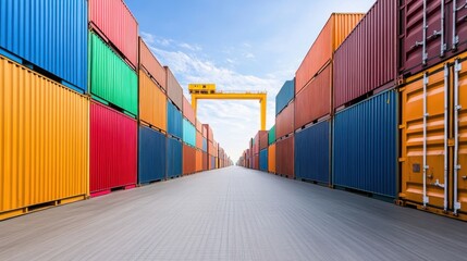 Fototapeta premium Colorful Shipping Containers in a Container Terminal Under Clear Blue Sky