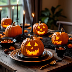 A rustic Halloween table setup with carved pumpkins, black candles, candy bowls, and spider web decorations