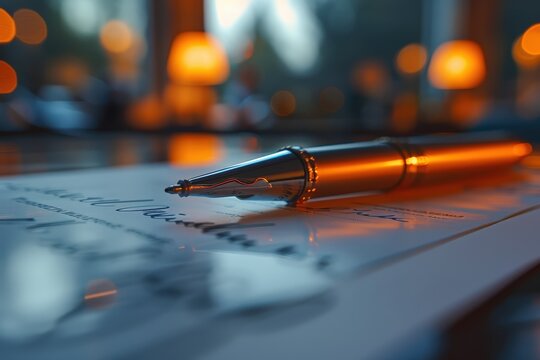 An elegant fountain pen rests on a signed document, such as a new law, treaty, or important contract. The soft, warm lighting and shallow depth of field emphasize the significance of the moment