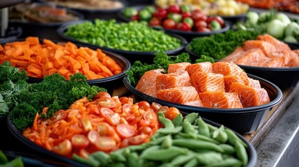 Fresh vegetables and salmon arranged attractively at food processing facility