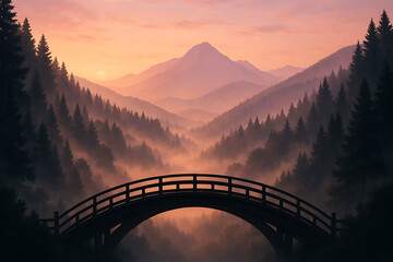 A serene fantasy landscape illustration featuring a silhouetted arch bridge over a misty mountain valley filled with pine forests, set against a warm sunrise sky, symbolizing a journey and adventure.