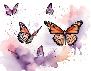 Naklejka premium Vibrant Monarch Butterflies with Delicate Pink Flowers on Watercolor Splashes, Nature Art