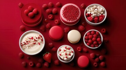 Fototapeta premium Red desserts artfully arranged with fresh raspberries and sprinkles