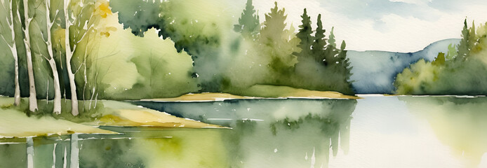 Watercolor Landscape of Serene Mountain Lake with Evergreen Forests and Misty Hills