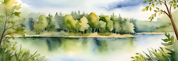 Watercolor Landscape of Serene Mountain Lake with Evergreen Forests and Misty Hills
