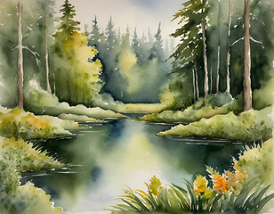 Watercolor Painting of a Tranquil Forest Pond with Lily Pads and Reflecting Green Trees