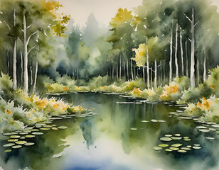 Watercolor Painting of a Tranquil Forest Pond with Lily Pads and Reflecting Green Trees