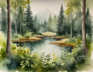 Watercolor Painting of a Tranquil Forest Pond with Lily Pads and Reflecting Green Trees
