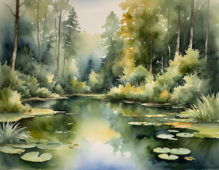 Watercolor Painting of a Tranquil Forest Pond with Lily Pads and Reflecting Green Trees
