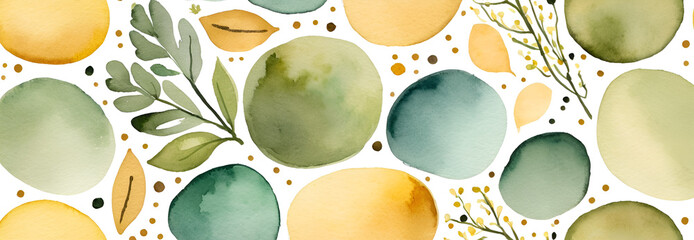 Watercolor Abstract Nature Pattern with Green Leaves, Yellow Dots, and Organic Shapes