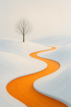A surreal and minimalist winter landscape featuring a vibrant orange river winding like a path through pristine snow-covered hills towards a single bare tree.