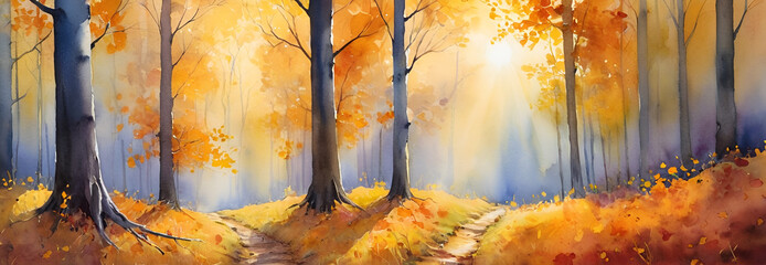 Watercolor Autumn Forest Path with Golden Sunlight and Vibrant Fall Foliage