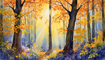 Watercolor Autumn Forest with Sun Rays, Golden Leaves, and Enchanting Pathway