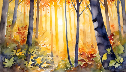 Watercolor Autumn Forest with Sun Rays, Golden Leaves, and Enchanting Pathway