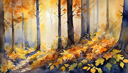 Watercolor Autumn Forest with Sun Rays, Golden Leaves, and Enchanting Pathway