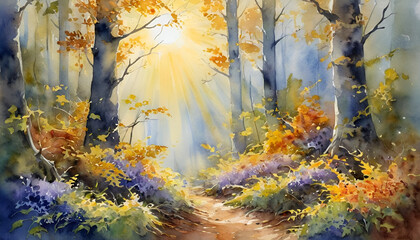Watercolor Autumn Forest with Sun Rays, Golden Leaves, and Enchanting Pathway